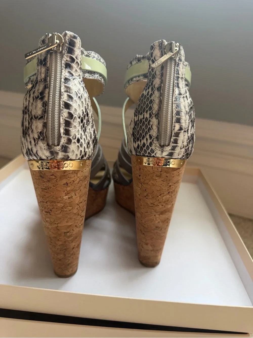 Jimmy Choo Pale Green and Gray Snake-Trim Cork Wedge Sandals